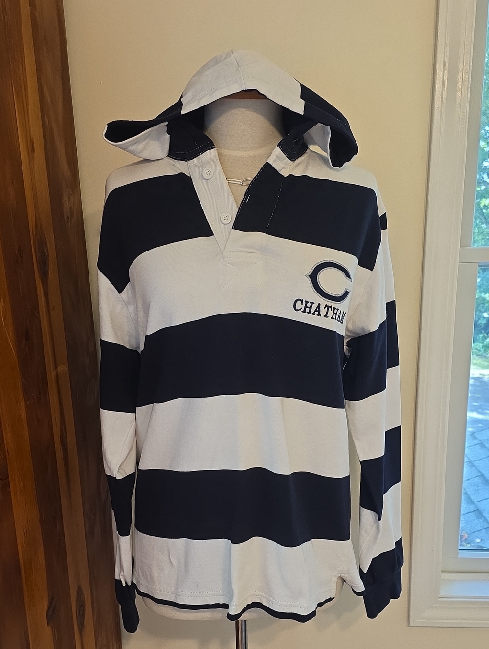 Collegiate Charles River Apparel Cotton Navy & White Hooded Rugby Shirt Sz Small